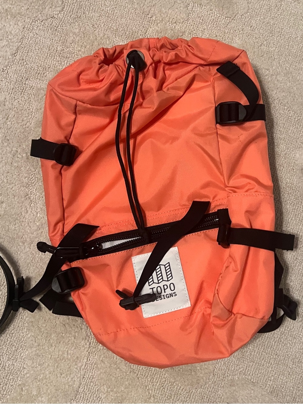 Topo Designs Coral Orange Drawstring Backpack with Black Straps
